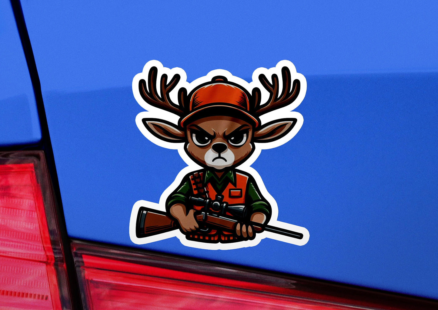 a sticker of a deer hunter with a rifle
