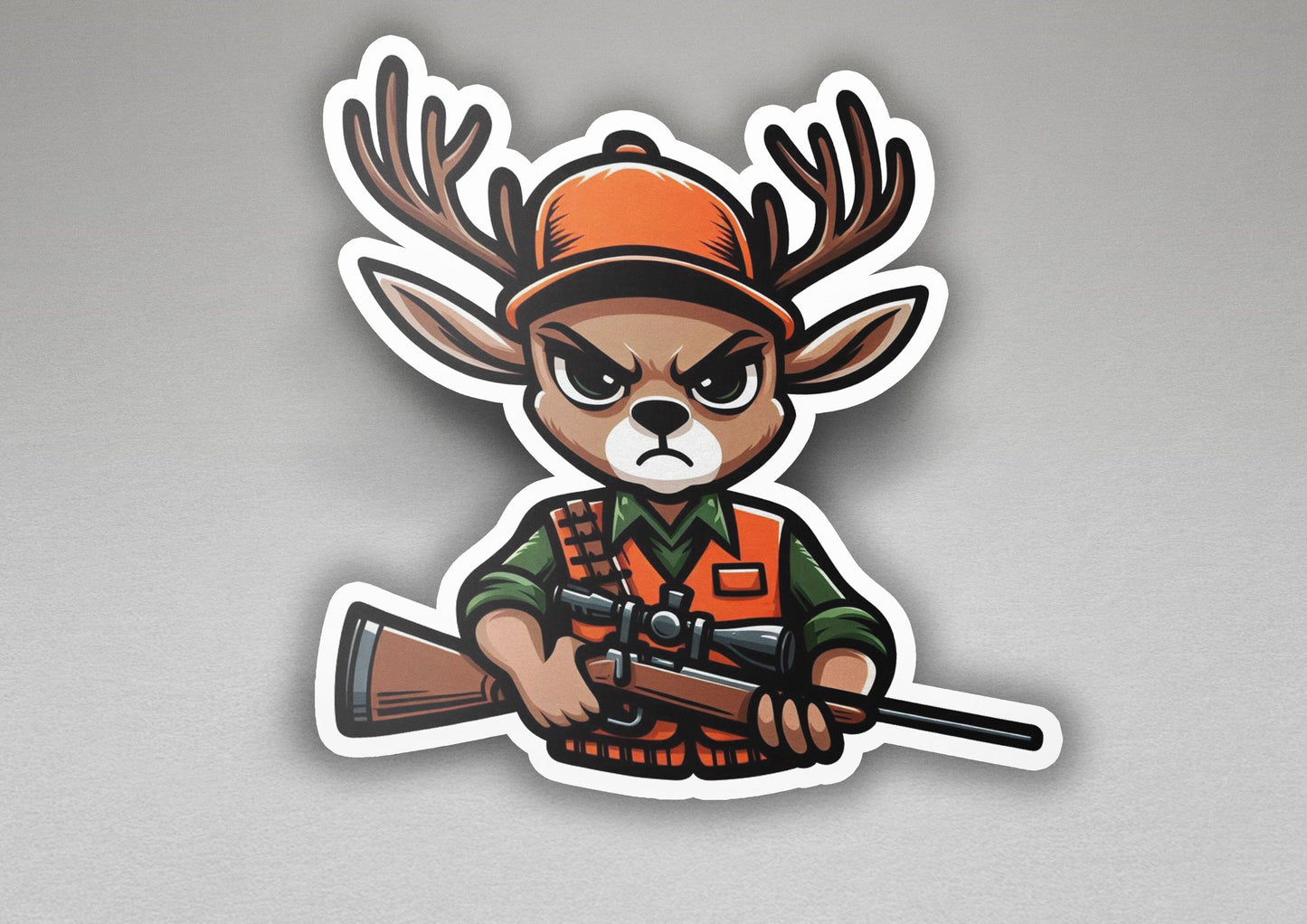 a sticker of a deer hunter with a rifle