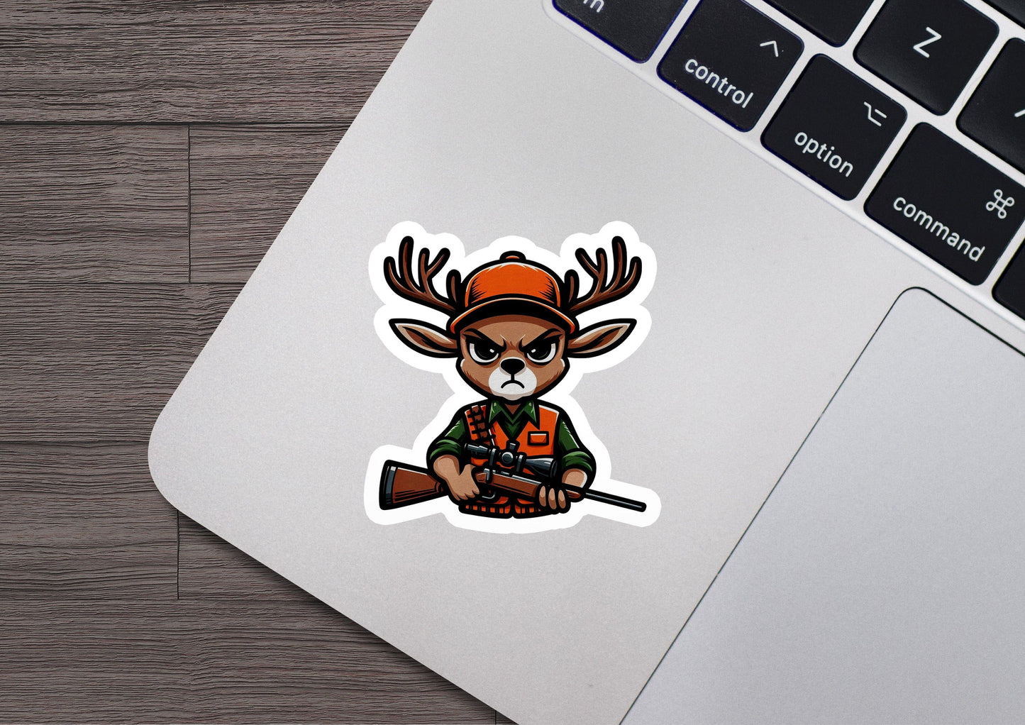 a sticker of a deer hunter with a rifle