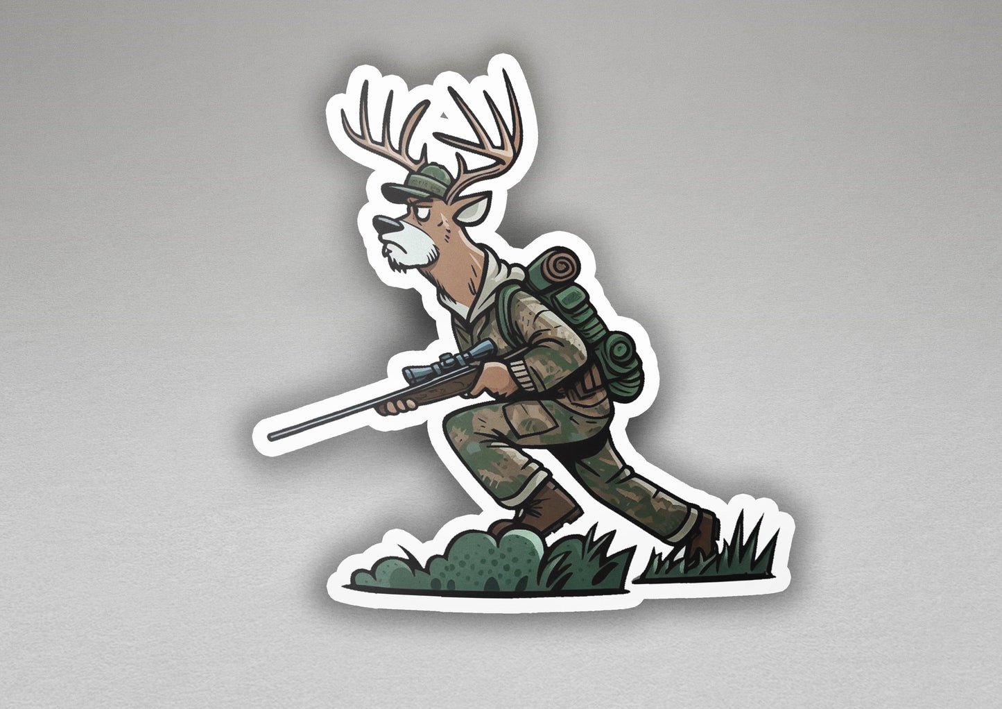 a sticker of a deer hunter with a rifle