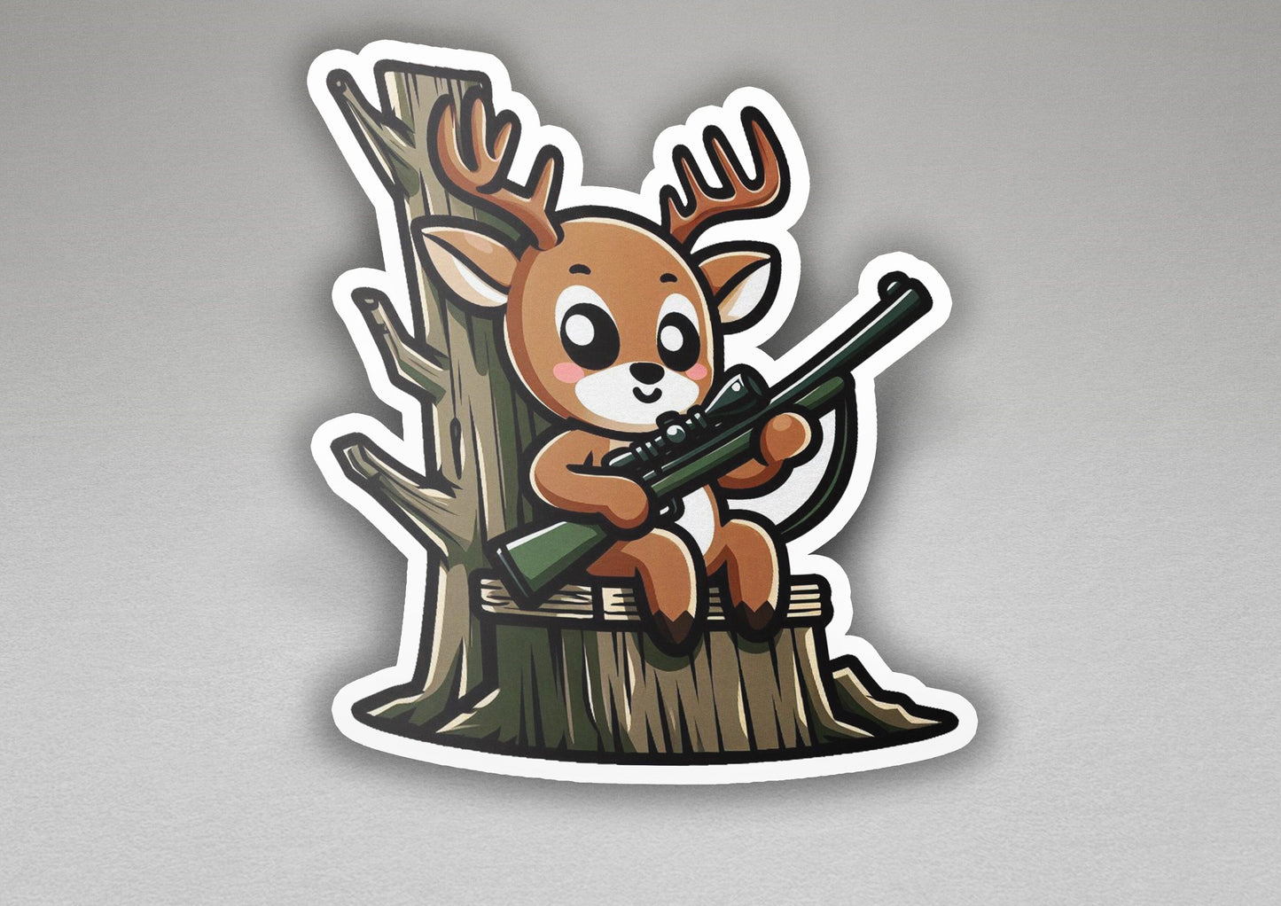 a sticker of a deer holding a rifle