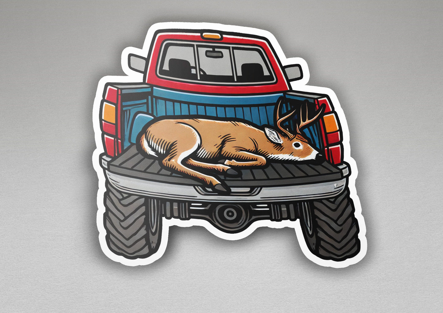 a sticker of a deer laying on the bed of a truck