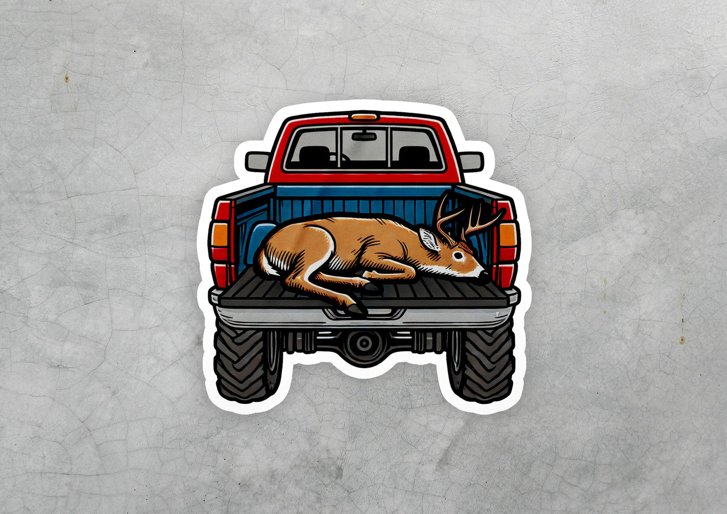 a sticker of a deer laying on the back of a truck