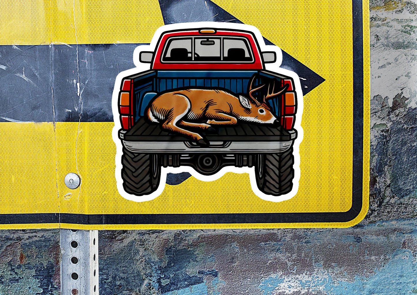 a sticker of a deer laying on the back of a truck