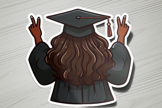 a sticker of a man with long hair wearing a graduation cap