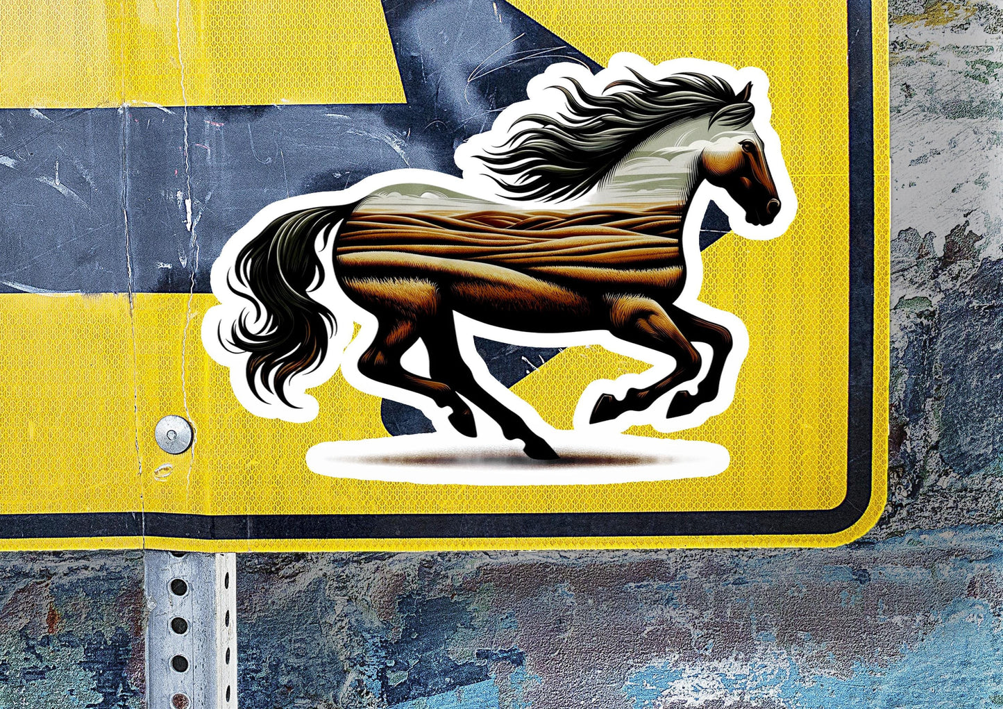 a sticker of a running horse on a street sign