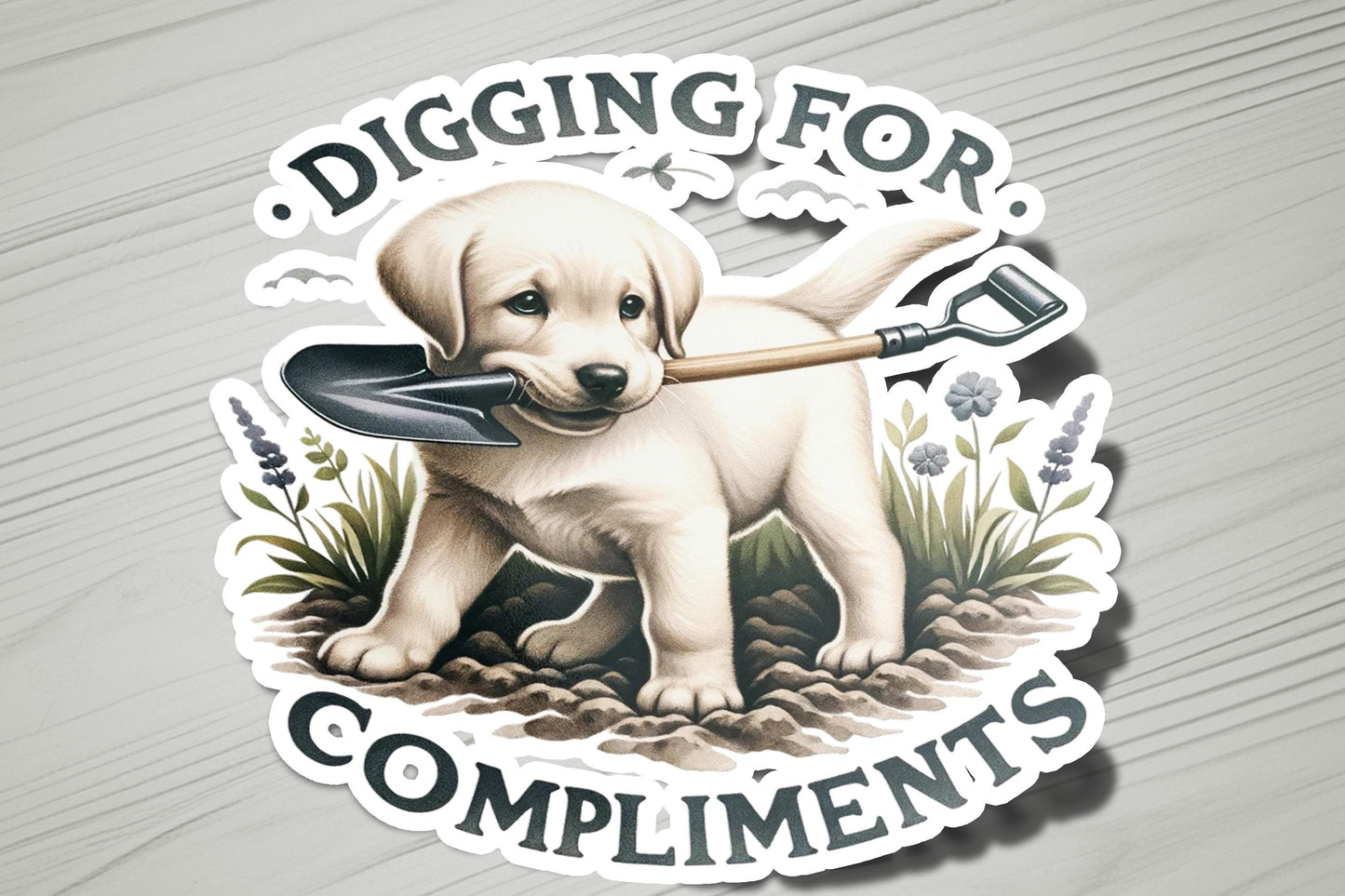 a sticker with a dog holding a shovel