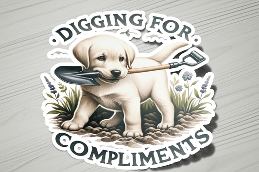 a sticker with a dog holding a shovel