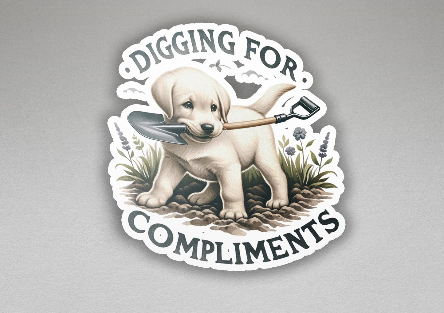 a sticker depicting a dog digging for compliments