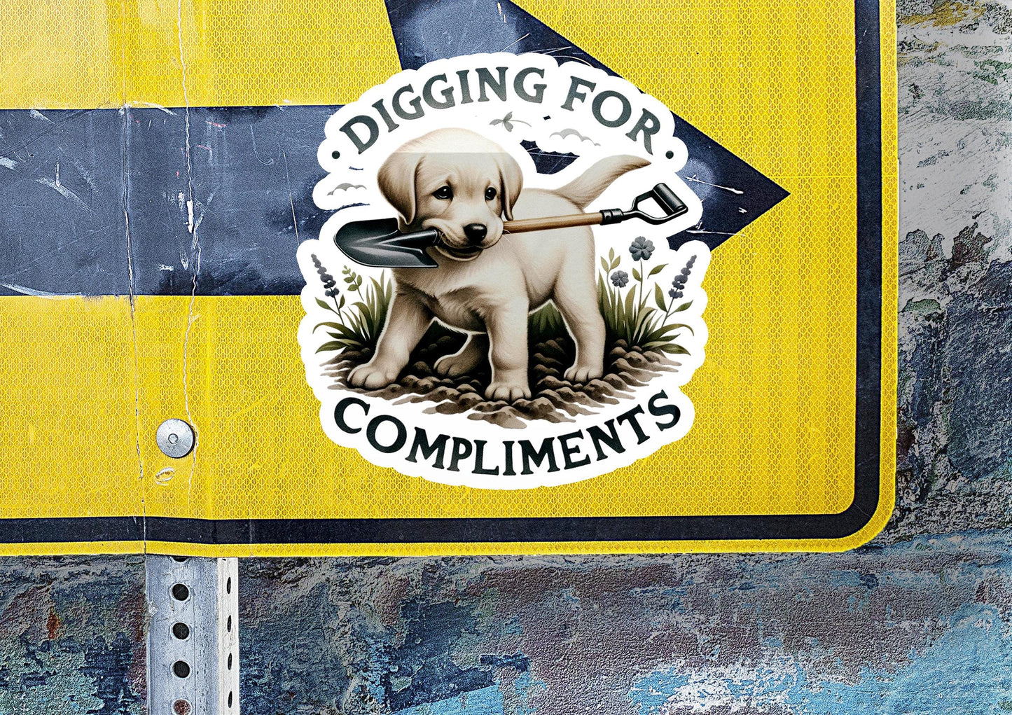 a sticker of a dog holding a mallet in its mouth