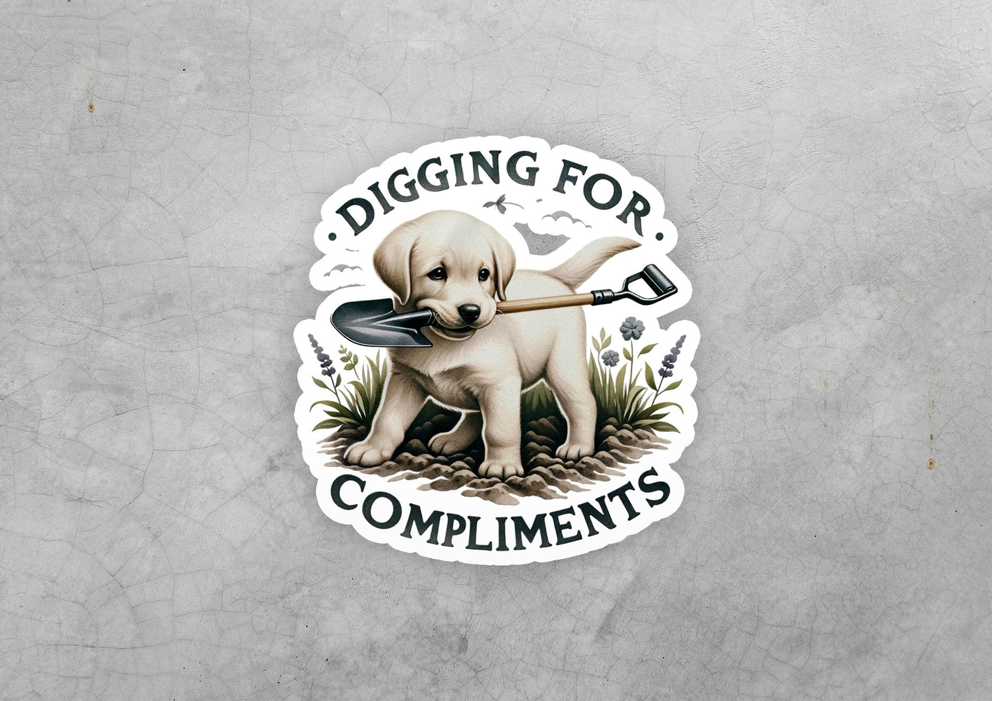 a sticker of a dog digging for compliments
