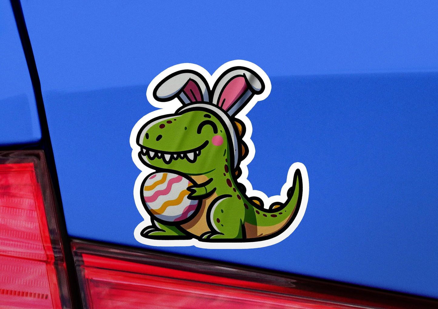 a sticker of a dinosaur with bunny ears