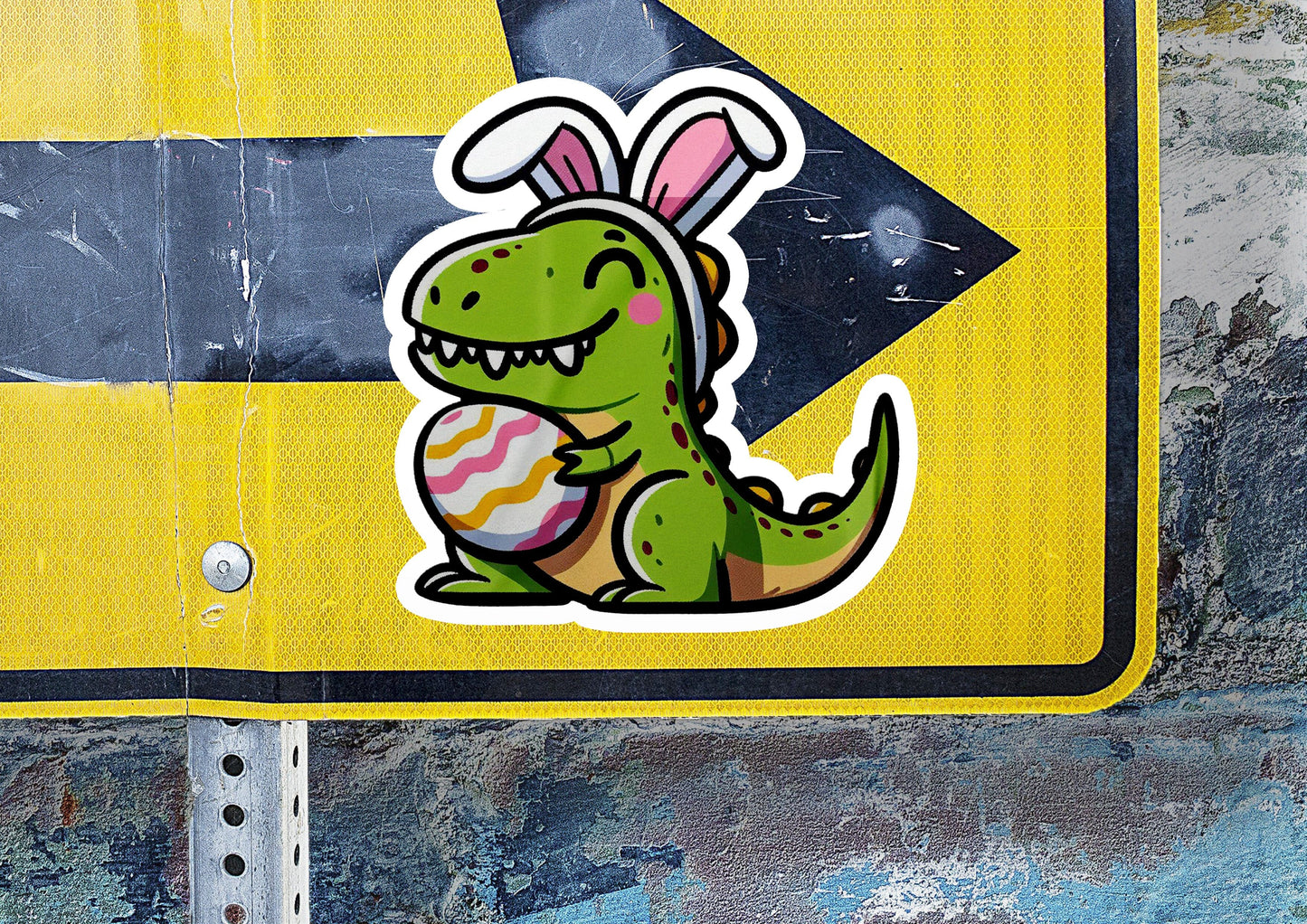 a close up of a street sign with a sticker of a dinosaur