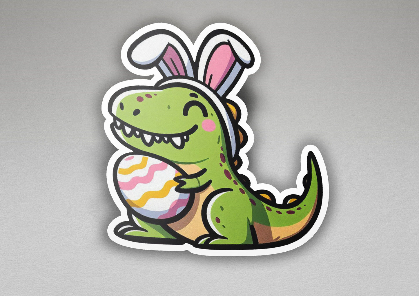 a sticker of a dinosaur holding an easter egg