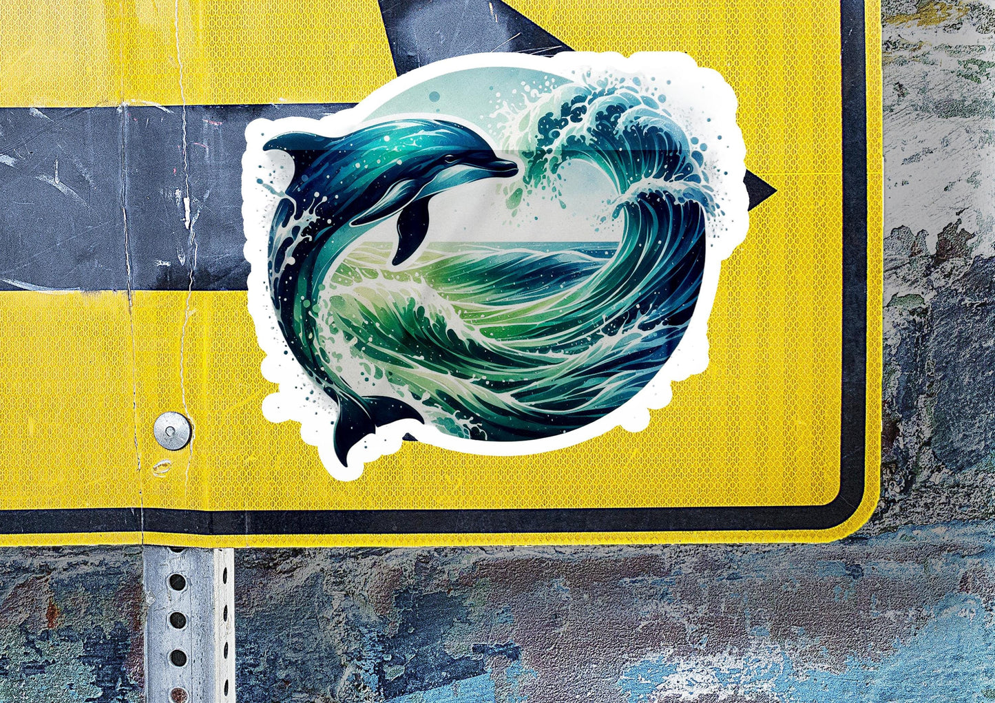 a sticker of a dolphin jumping out of a wave