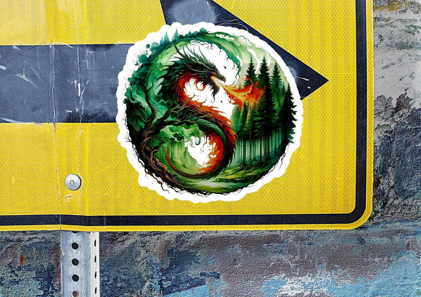 a dragon sticker on a yellow street sign