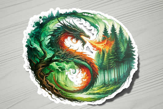 a sticker with a painting of a tree and a dragon on it