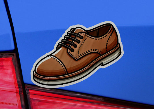 a sticker of a brown shoe on a blue car