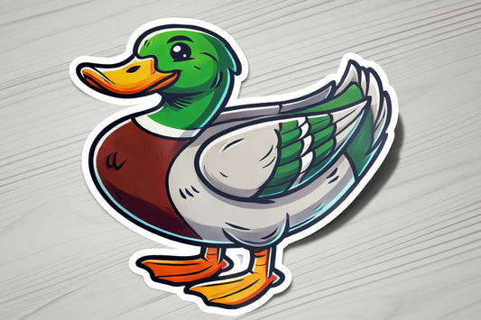 a duck sticker sitting on top of a wooden table