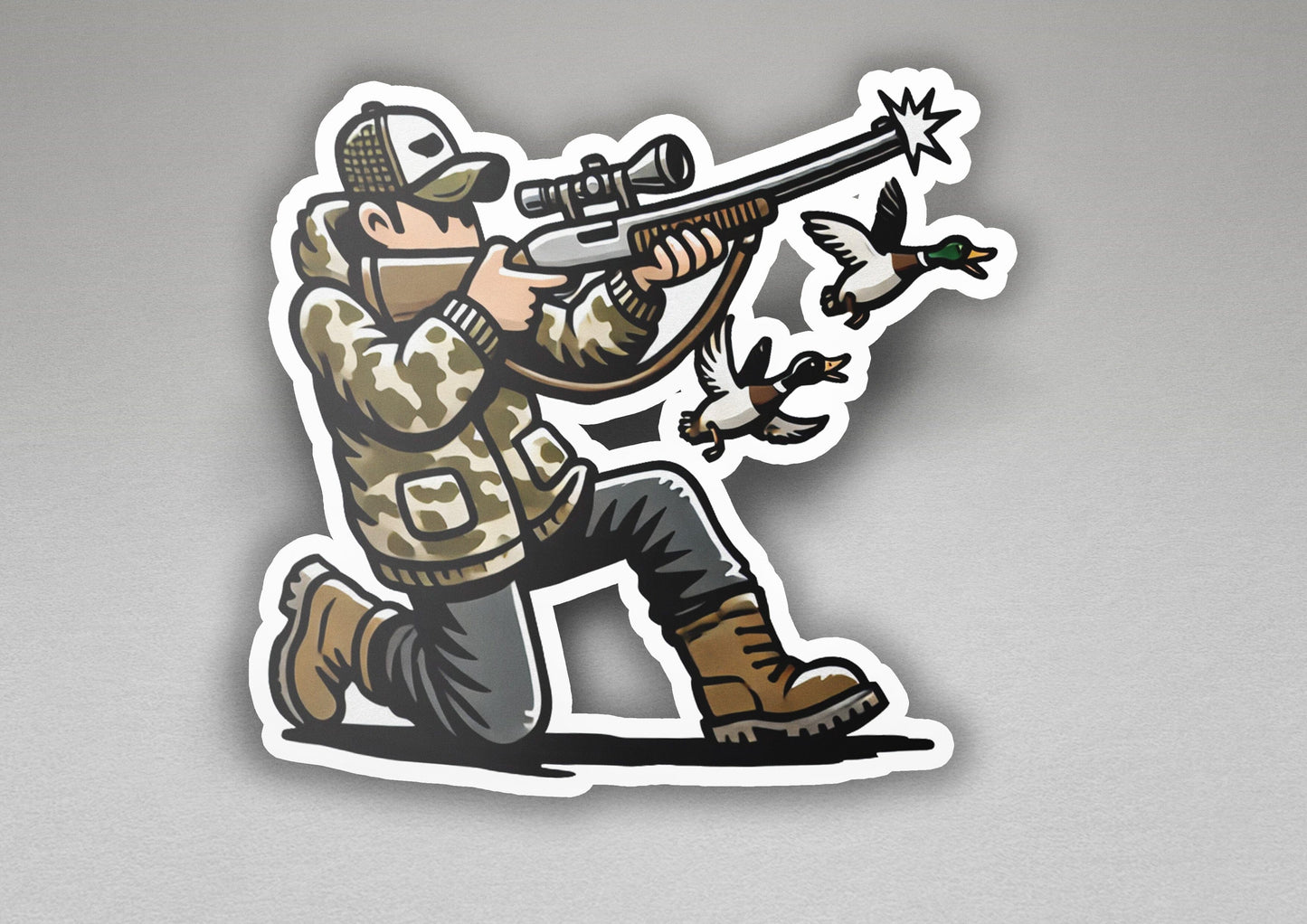 a sticker of a man shooting a bird with a rifle
