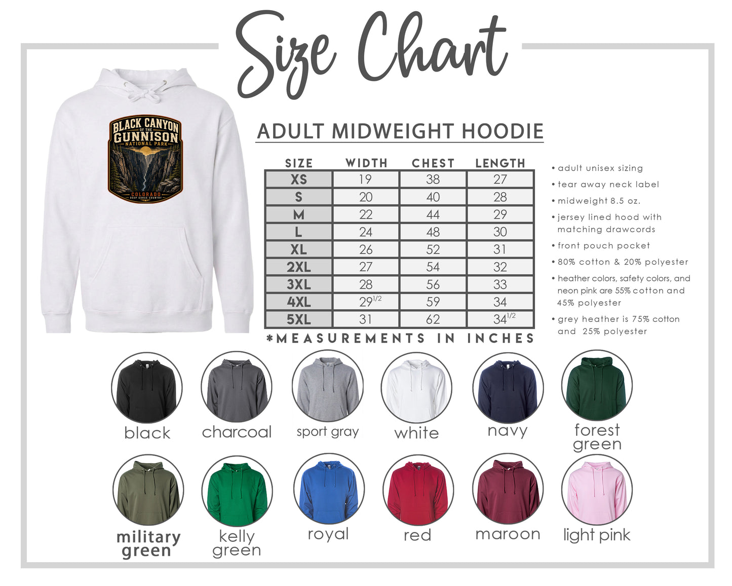 The image is a size chart for an adult midweight hoodie, including various color options and corresponding measurements in inches.