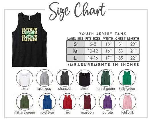 The image is a size chart for a youth jersey tank, displaying various color options and corresponding measurements in inches.