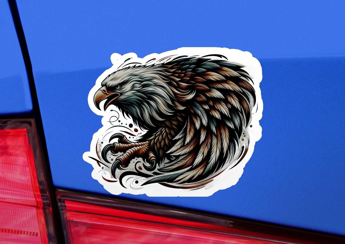 a sticker of an eagle on the back of a car