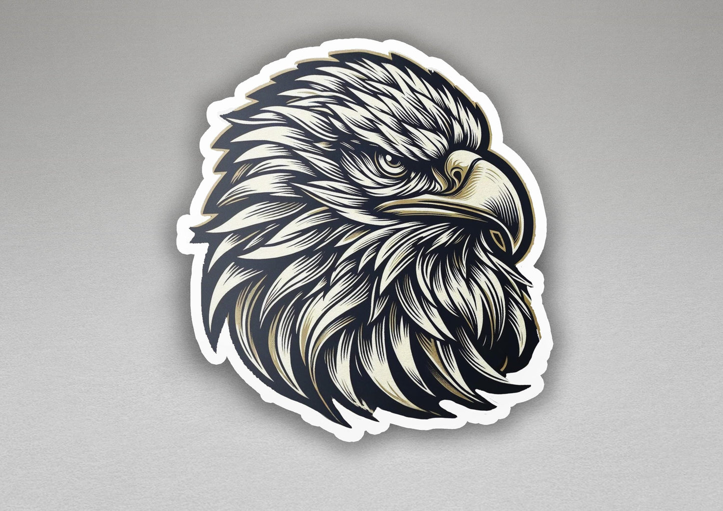 a sticker of an eagle head with a black and white pattern