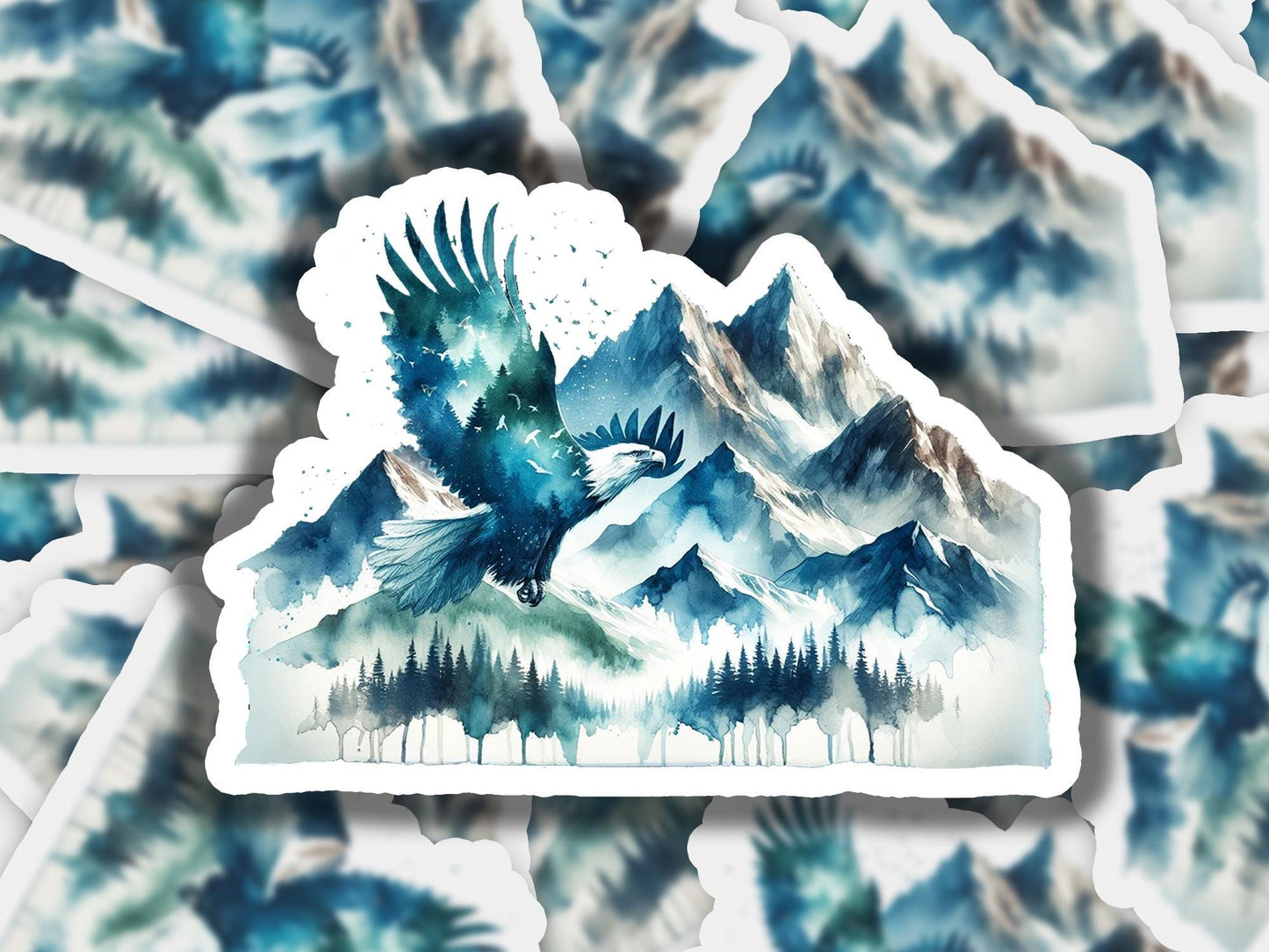 a watercolor painting of a bird flying over a mountain range