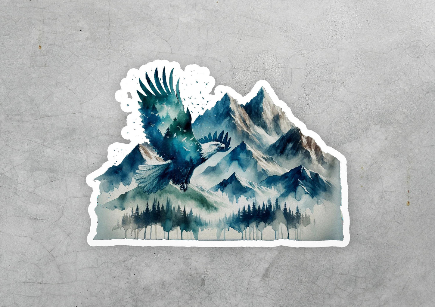 a sticker of a bird flying over a mountain range