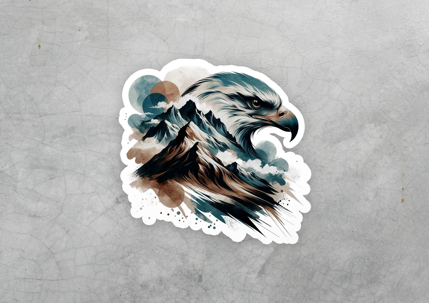 a sticker of an eagle with a mountain in the background