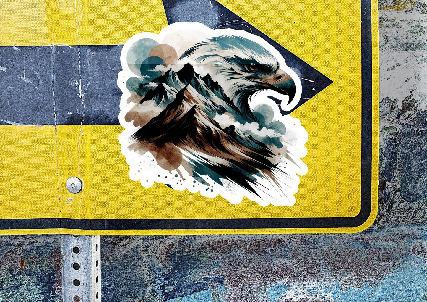 a sticker of an eagle on a yellow sign