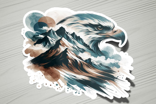 a sticker of an eagle with a mountain in the background