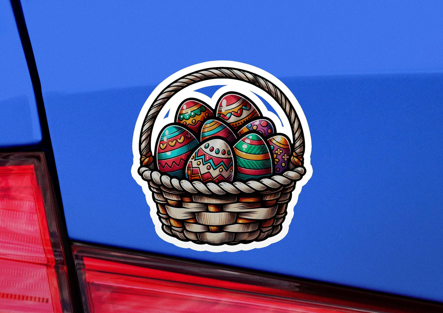 a car with a sticker of a basket of eggs
