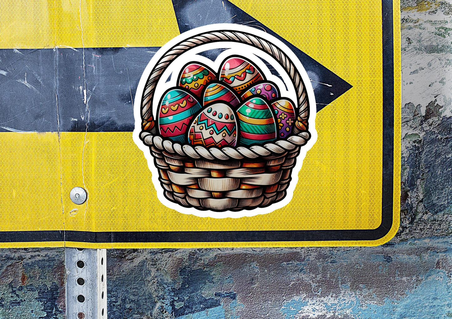 a street sign with a basket of eggs on it