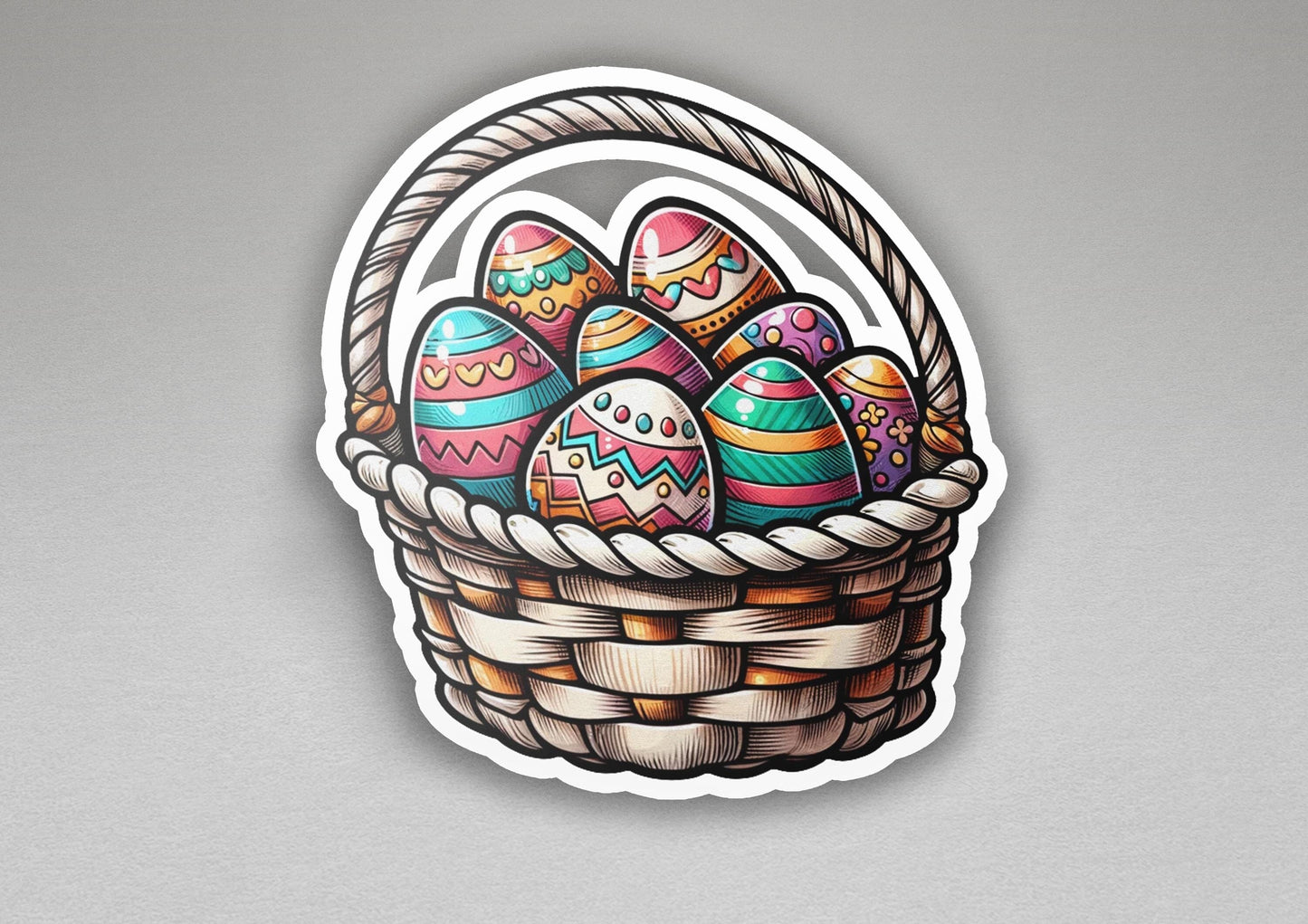 a sticker of an easter basket with painted eggs