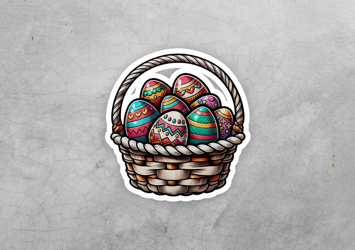 a sticker of a basket filled with painted eggs