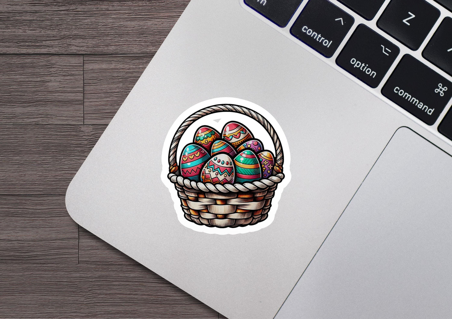 a sticker of an easter basket with painted eggs
