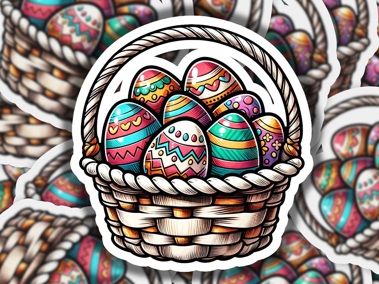 a sticker of a basket filled with easter eggs