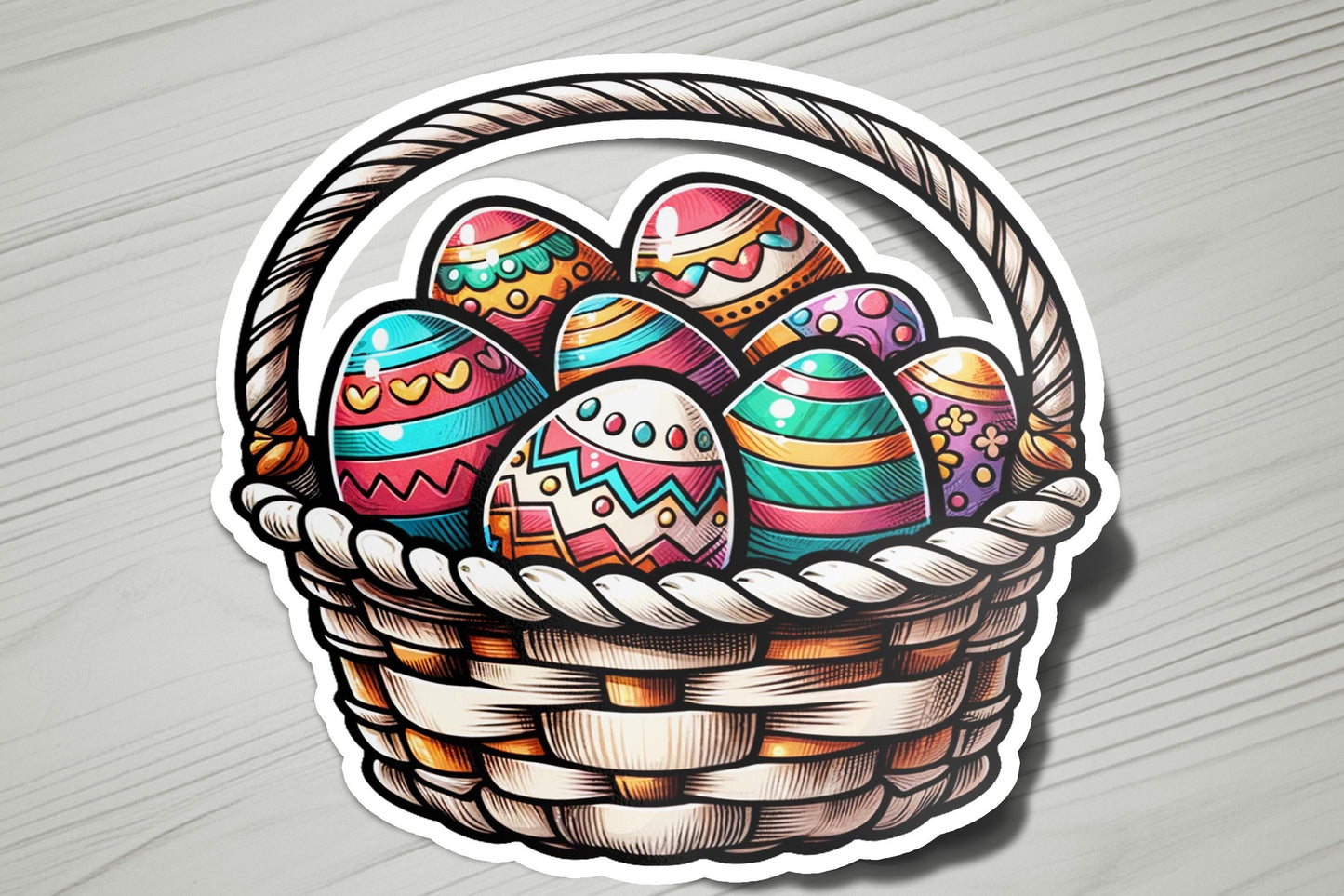 a sticker of a basket filled with easter eggs