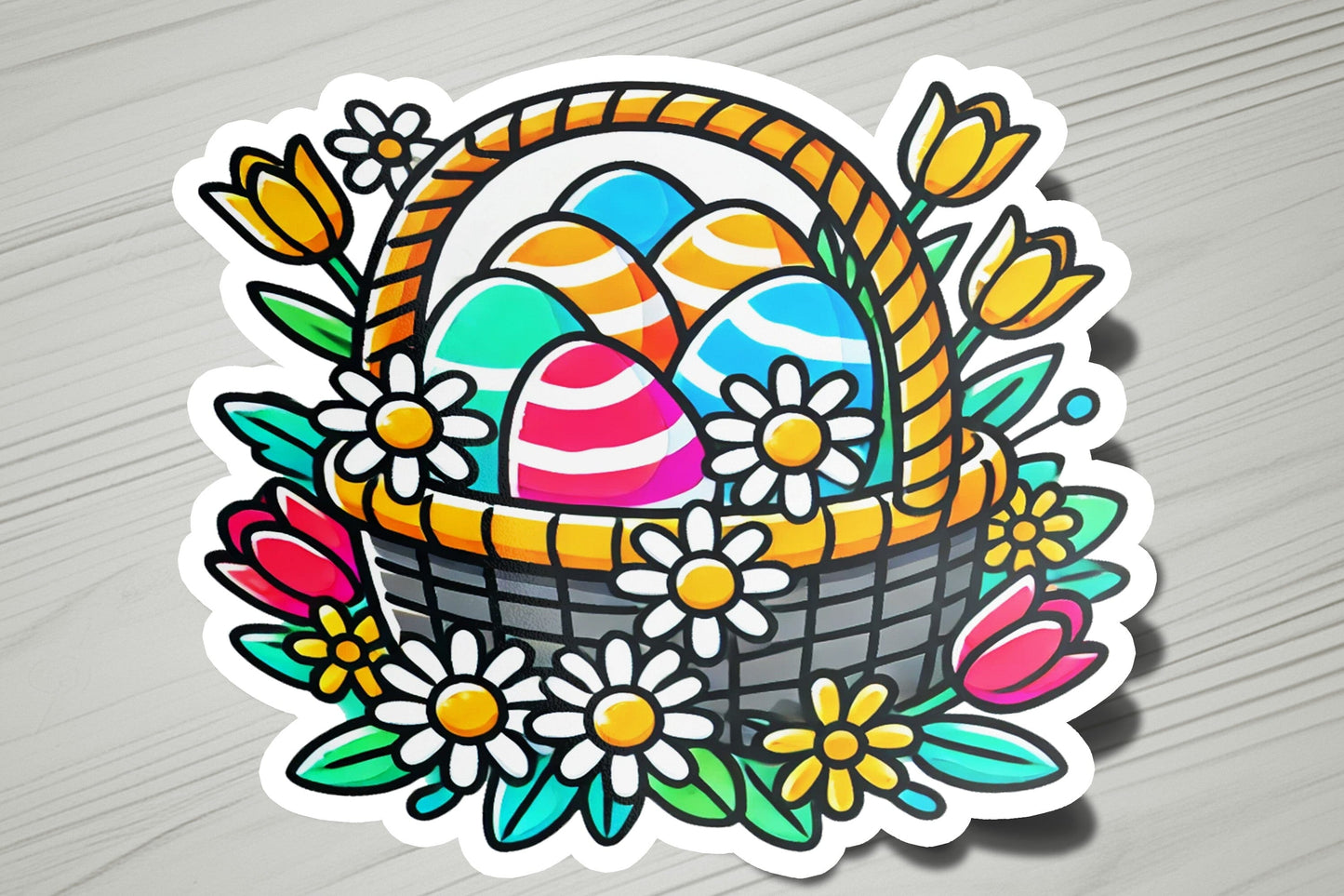 a sticker of an easter basket with eggs and flowers