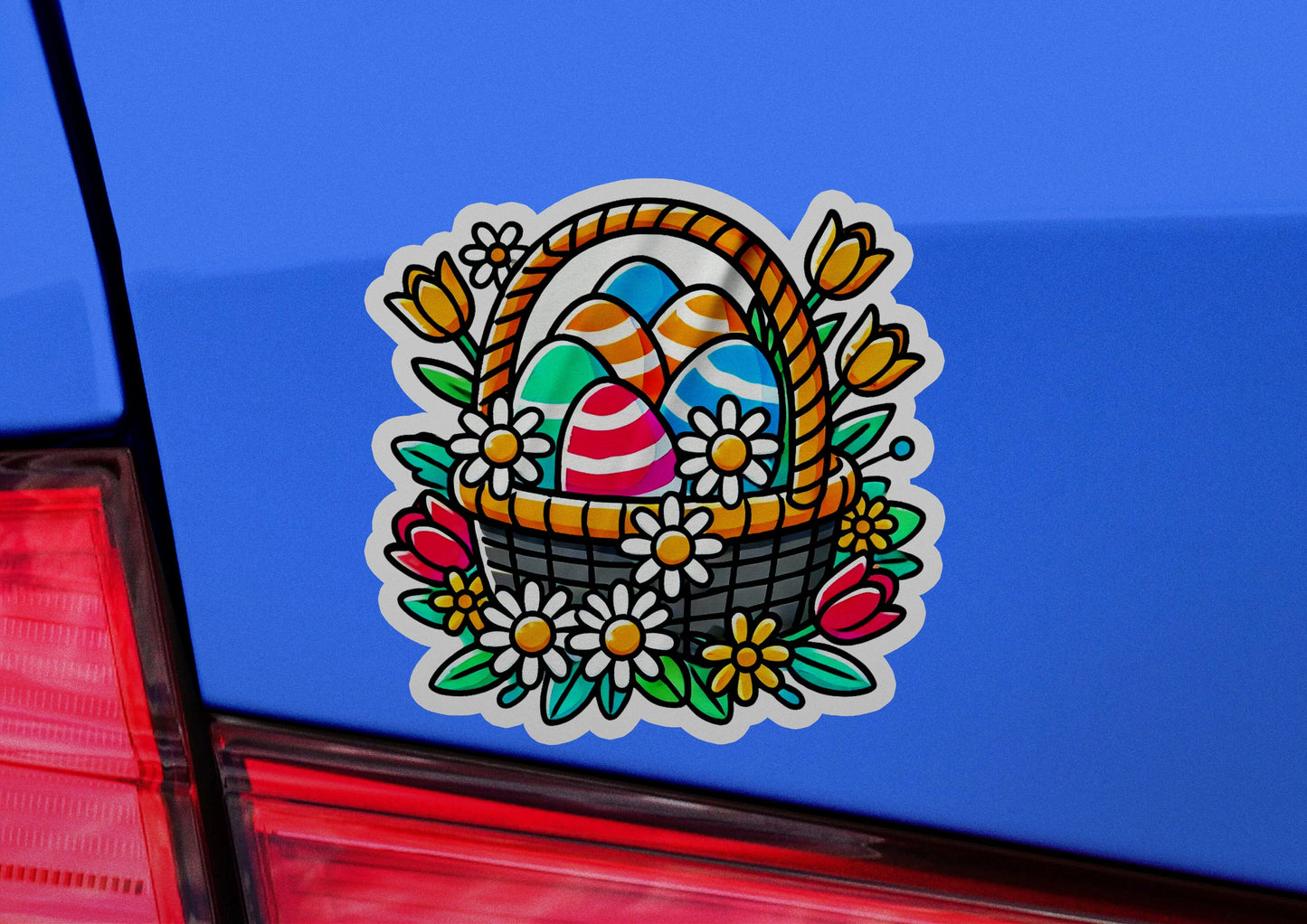 a car with a sticker of an easter basket