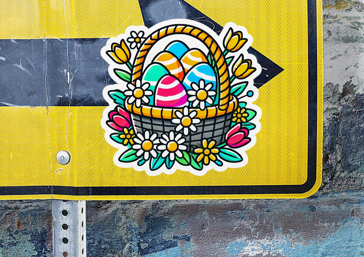 a yellow street sign with a basket of eggs on it