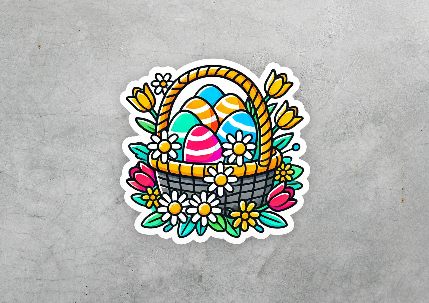 a sticker of an easter basket with eggs and flowers