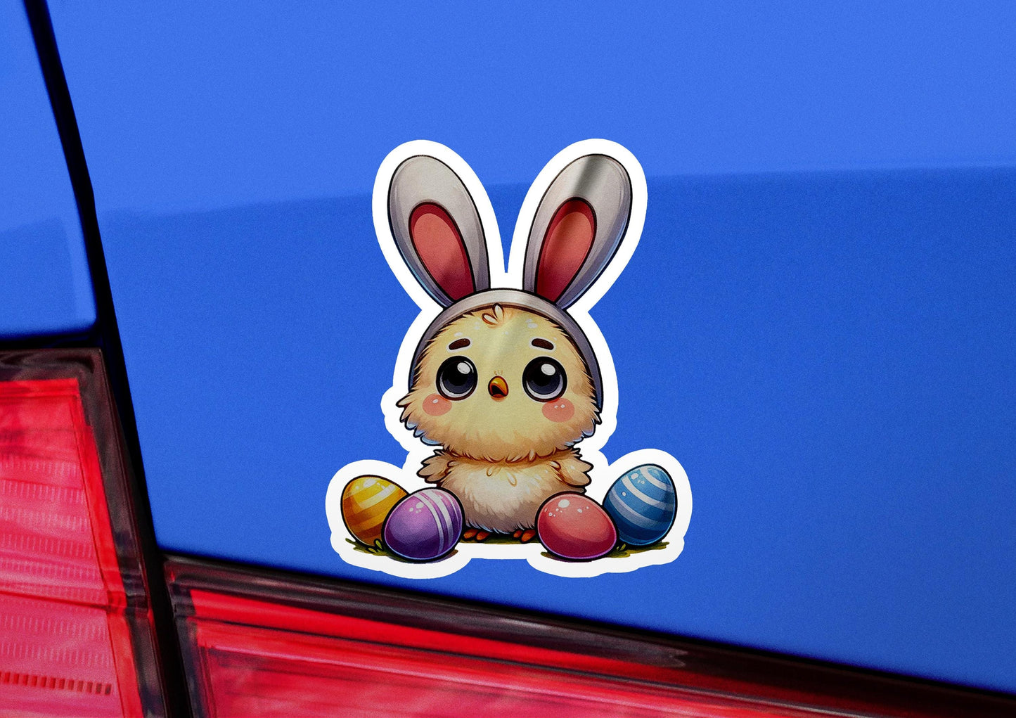 a close up of a car with a sticker of a bunny