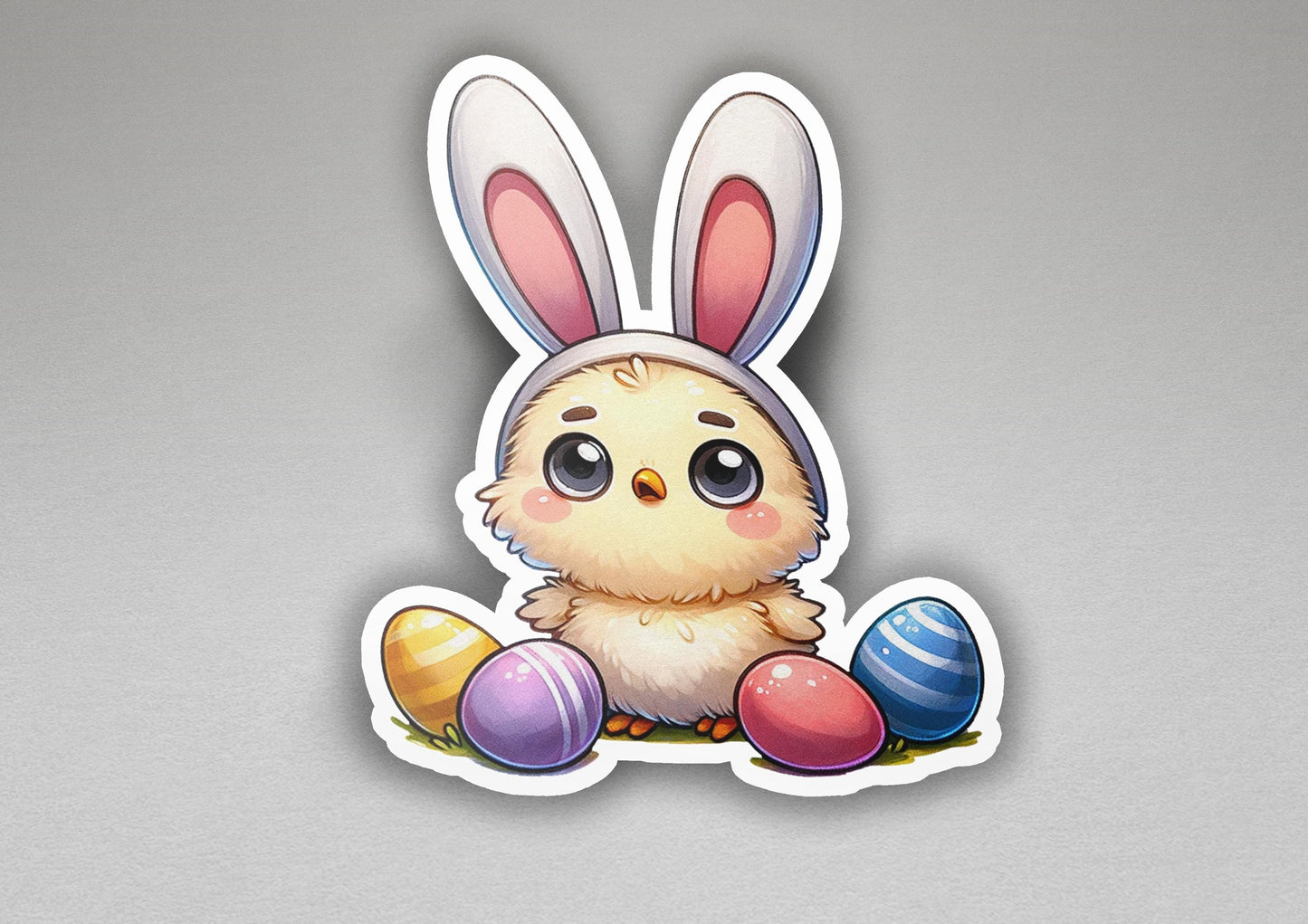a sticker of an easter chick with eggs