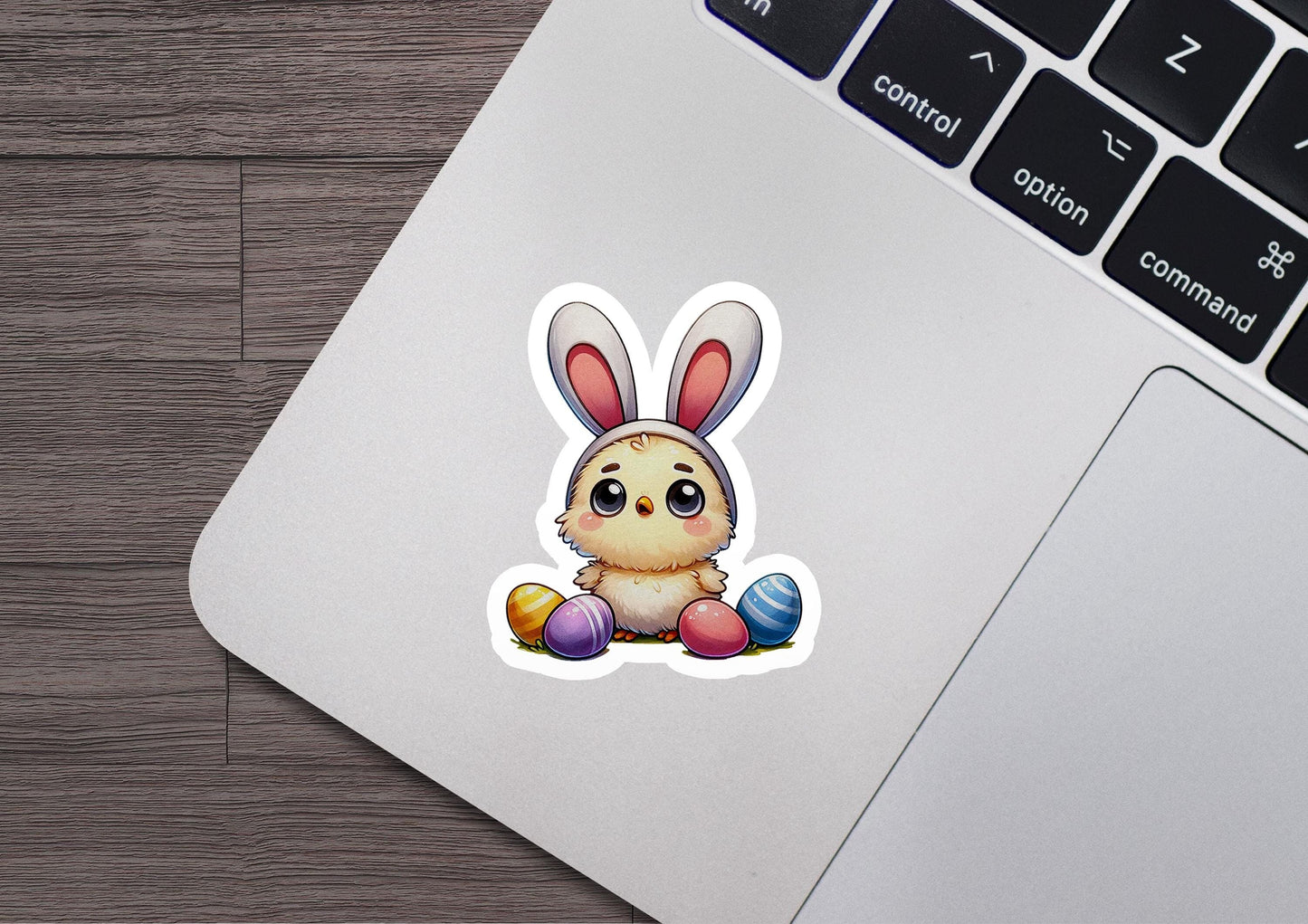 a laptop with a sticker of an easter bunny
