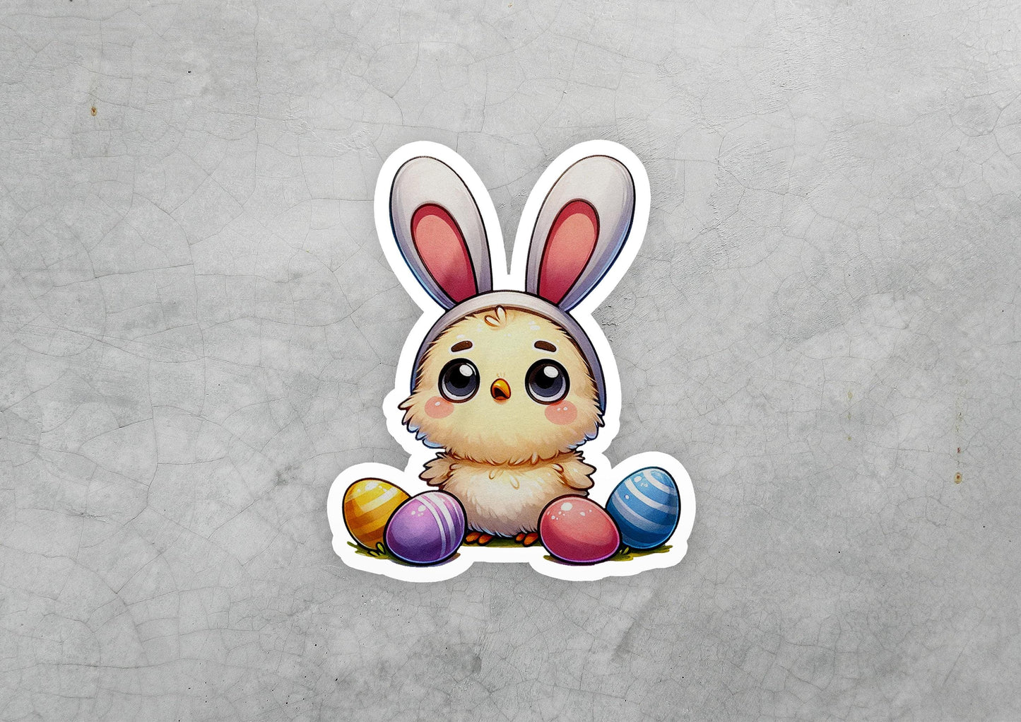 a sticker of a little bunny with easter eggs