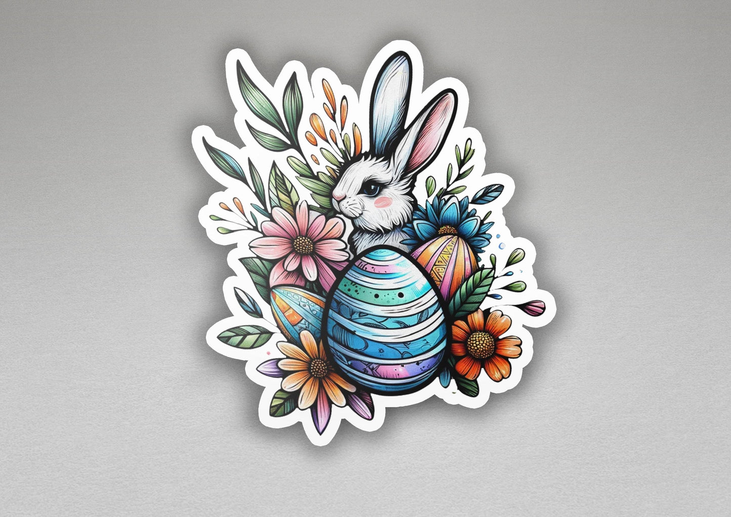 a sticker of an easter bunny with a painted egg