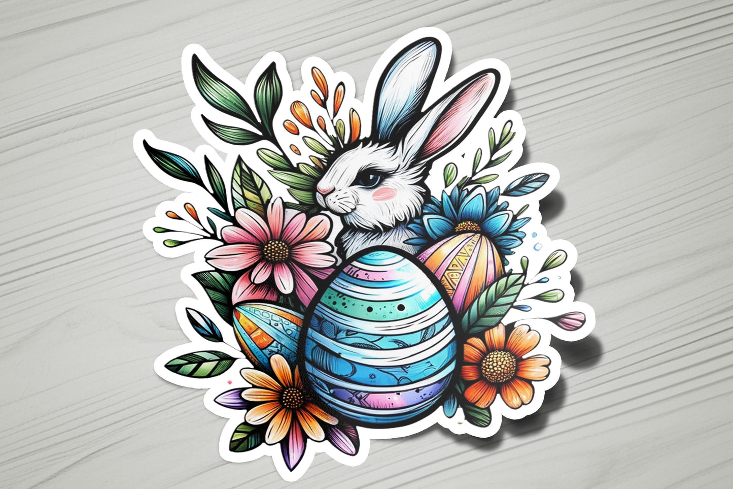 a sticker of a bunny with flowers and an egg